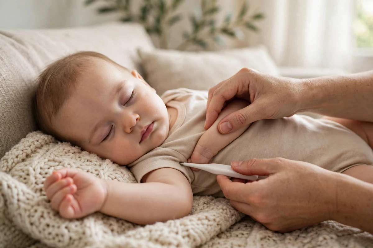 Mãe medindo a temperatura do bebê com termômetro digital na axila